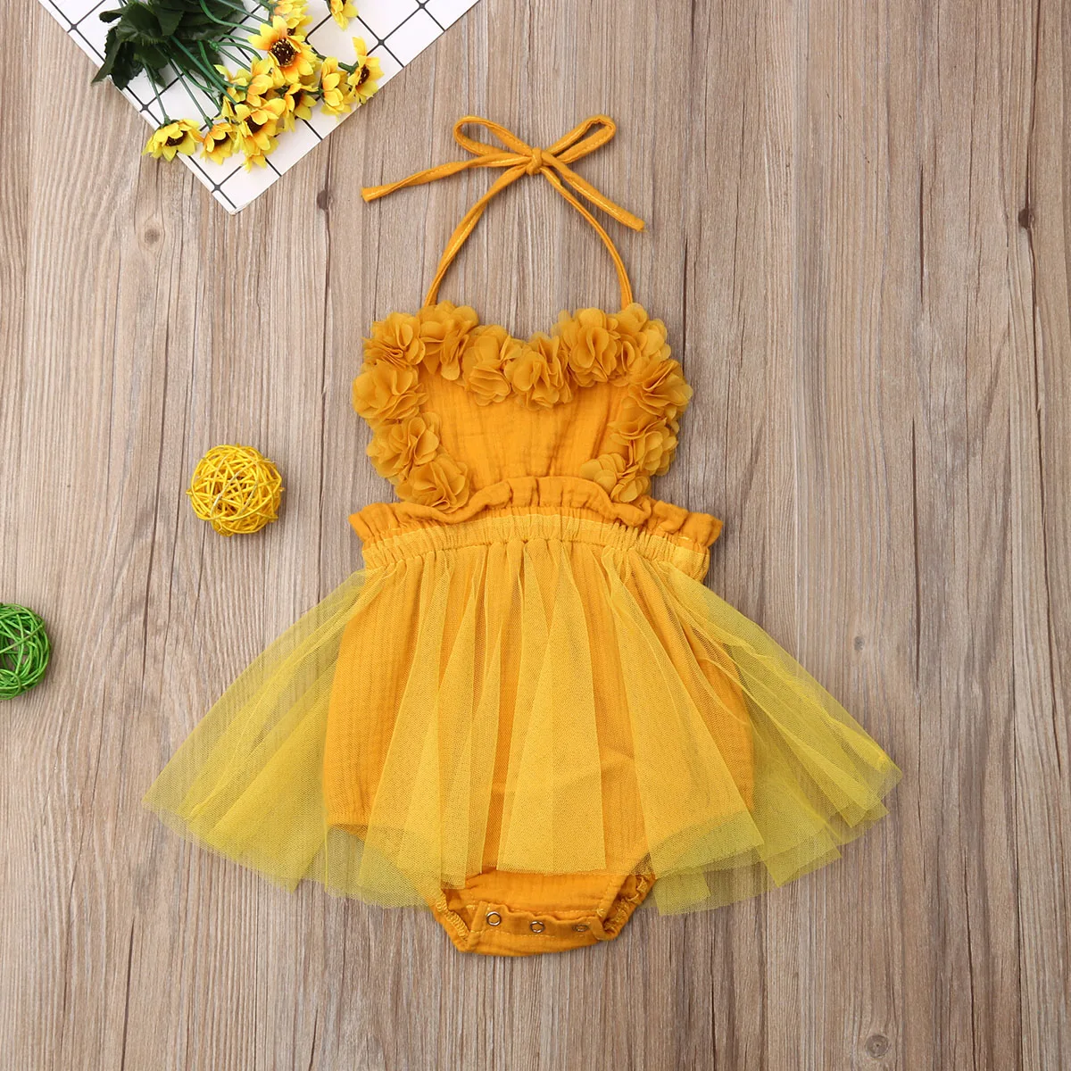 Newborn Baby Girl Tulle Romper Dress Yellow Solid Lace Sleeveless Belt Jumpsuit Outfits Summer Clothes