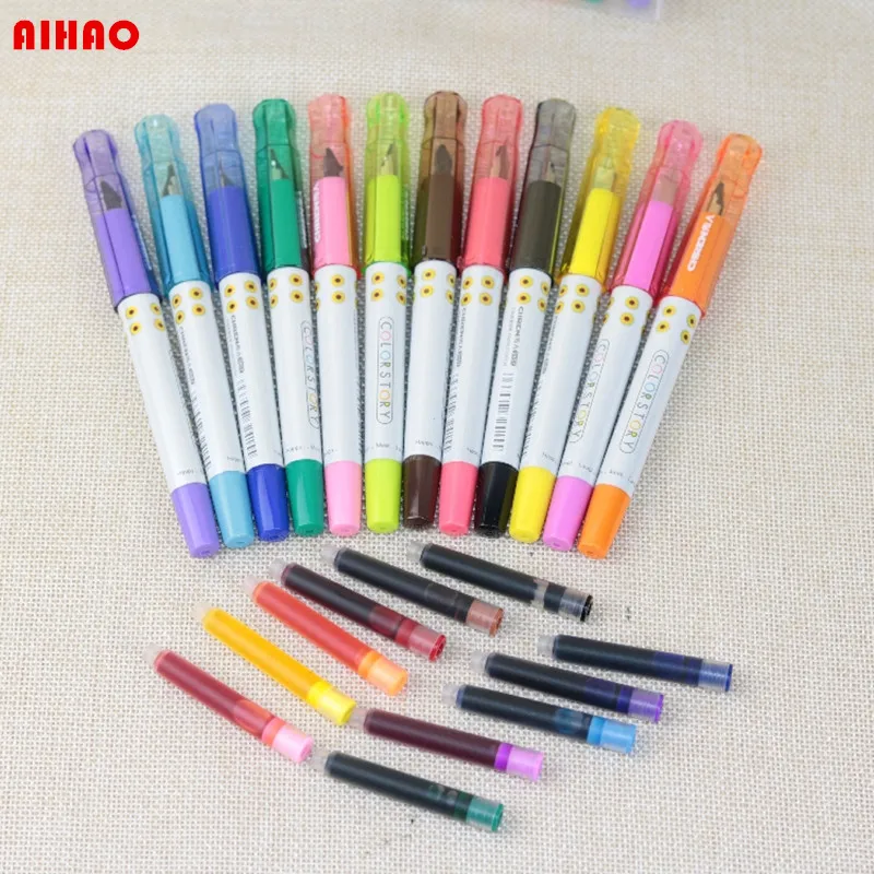 

2016 New Arrival High Quality 12pcs/Set All Color Plastic Handle Fountain Pen ink Changeable Smooth Writing Pen Free Shipping