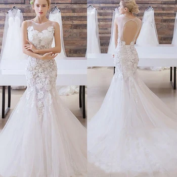 

Illusion Lace Applique Mermaid Wedding Dresses O-neck Neckline Elegant Bridal Dress with Backless Sweep Train vestido de novia