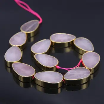 

20x30mm Godl Edged Rose Quartzs Flat Teardrop Loose Beads,Natural Crystal Gems Slab Slice Nugget Pendant DIY Bracelet Jewelry