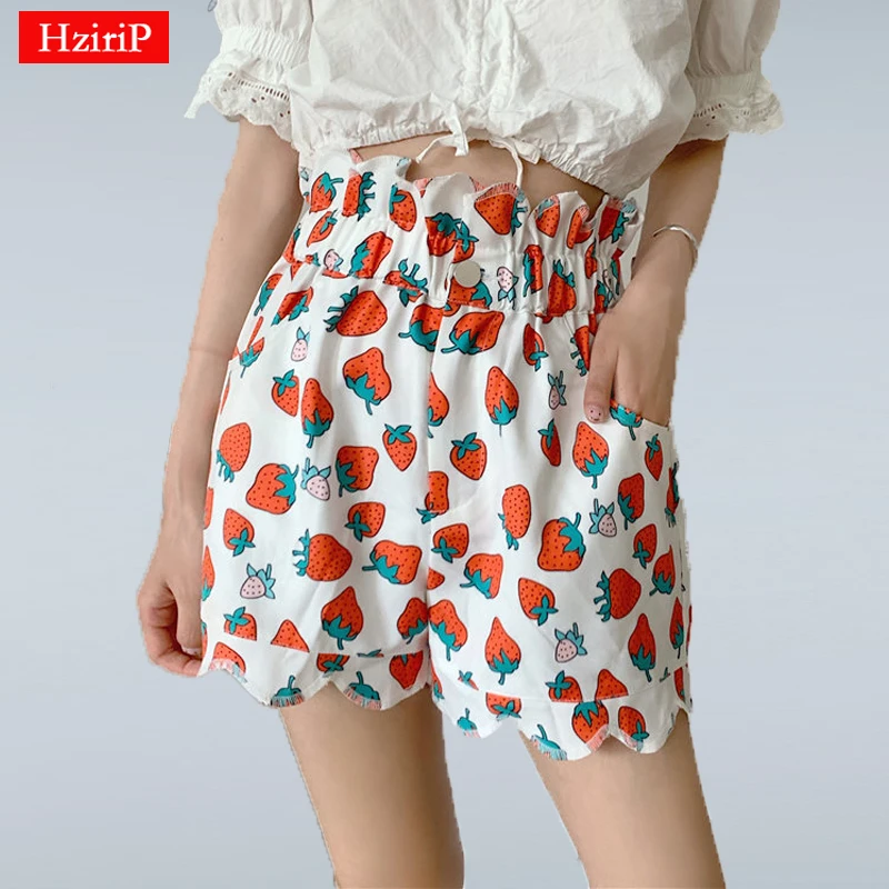 

HziriP New Design 2019 Summer Sweet Vintage Loose Print Strawberries Casual Women Female High Elastic Waist Fashion Shorts