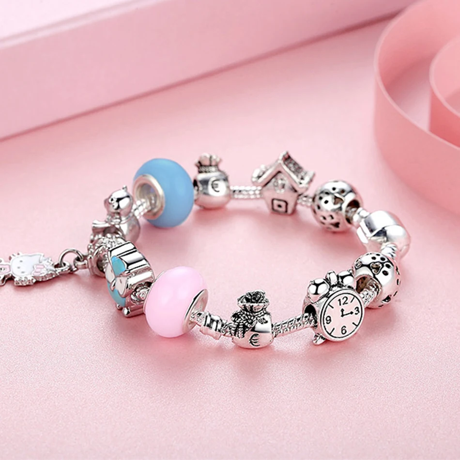 ELESHE Dropshipping Kitty Cat Charm Bracelet With Pink Marano Glass Crystal Beads Fit Original Bracelet For Women Kids Gift