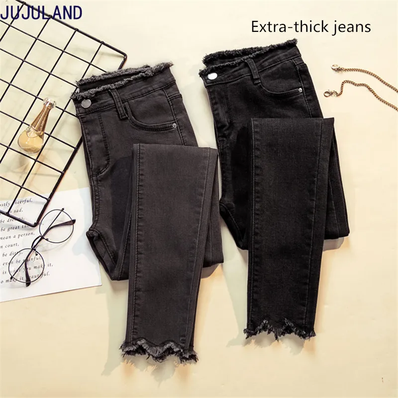 

JUJULAND 2018 Jeans Female Denim Pants Black Color Womens Jeans Donna Stretch Bottoms Extra-thick jeans Women Trousers