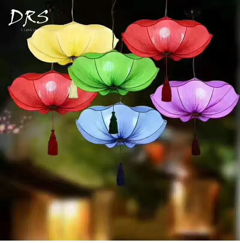 

New Chinese Lotus Chandelier Light Tea House Restaurant Cloth Hanging Lamp Decor Home Luminaire Lustre Lighting Lamparas Fixture