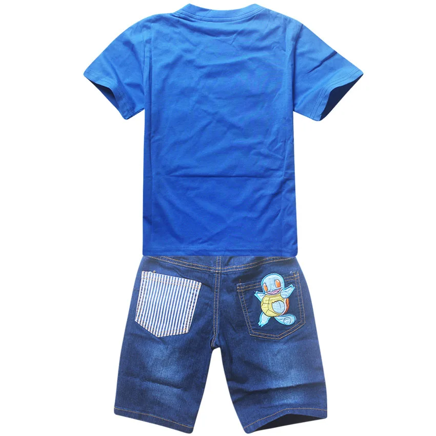 Летние комплекты хлопковой одежды для мальчиков футболка с короткими рукавами и принтом «Pokemon Go»+ джинсы, комплект для мальчиков, спортивный костюм с рисунком «Pikaqiu» и носками для малышей