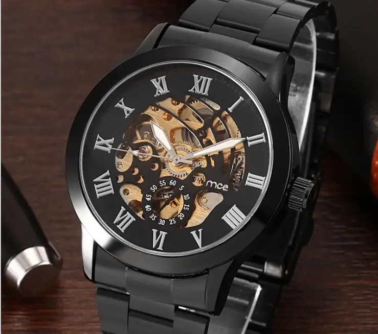 

All black Male Wristwatch Skeleton Dial Mechanical hand-wind Clock Men's Wrist Watches Stainless Steel Mesh Band Relogio Masculi