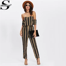 Sheinside Flounce Layered Neck Striped Jumpsuit 2018 Off The Shoulder Short Sleeve Sexy Jumpsuit Women Elegant Party Jumpsuit