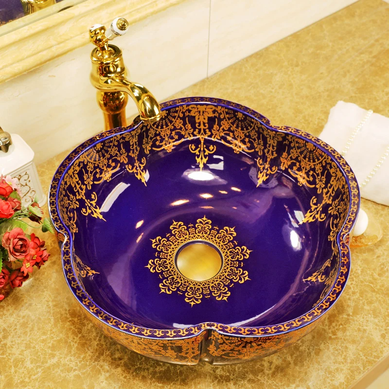 Artistic Painting Flowers Porcelain Art Countertop Wash basin Ceramic Bathroom Vessel Sinks Vanities shampoo bowl sink (2)