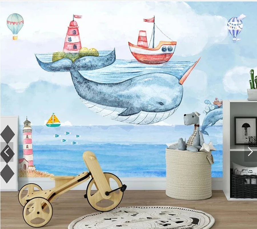 

Custom 3D papel de parede infantil, whale boat fresco for living room bedroom bar background home decor wallpaper