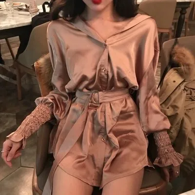 picture color Модная весенняя Сексуальная рубашка цвета шампанского, повседневная, свободная, с длинным рукавом-трубой, прямая, для похудения, длинная рубашка с отворотом, чтобы отправить ремень - Цвет: picture color