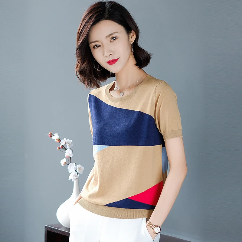 

White Color Block Cut-and-Sew knitting Panel Top Short Sleeve O-Neck Casual T Shirt Women 2019 Summer Leisure Tshirt Tops