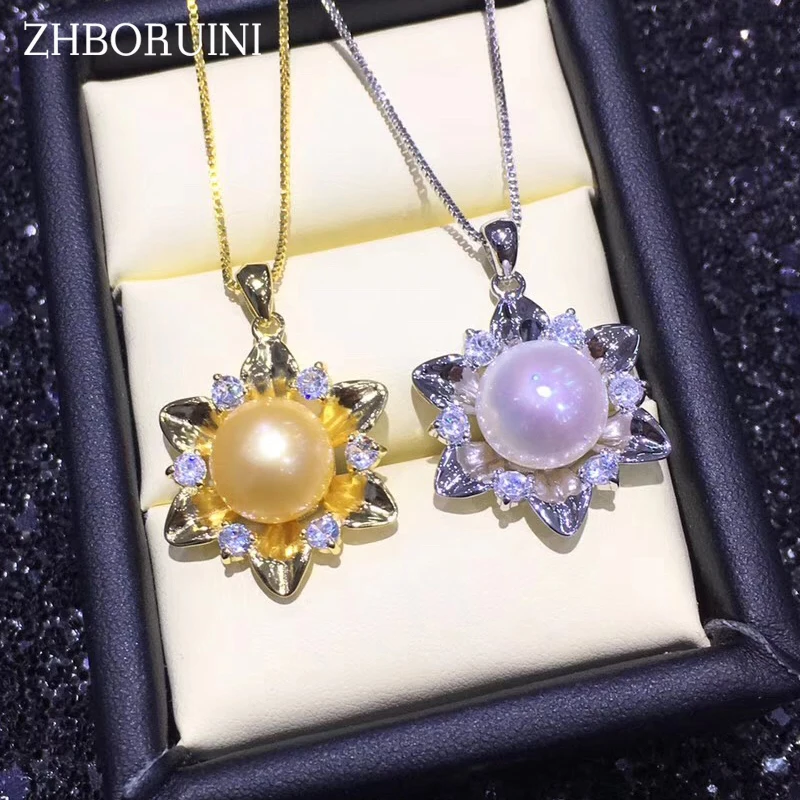 

ZHBORUINI Pearl Necklace Pearl Jewelry Natural Freshwater Pearl Pendants Flower Zircon 925 Sterling Silver Jewelry For Women