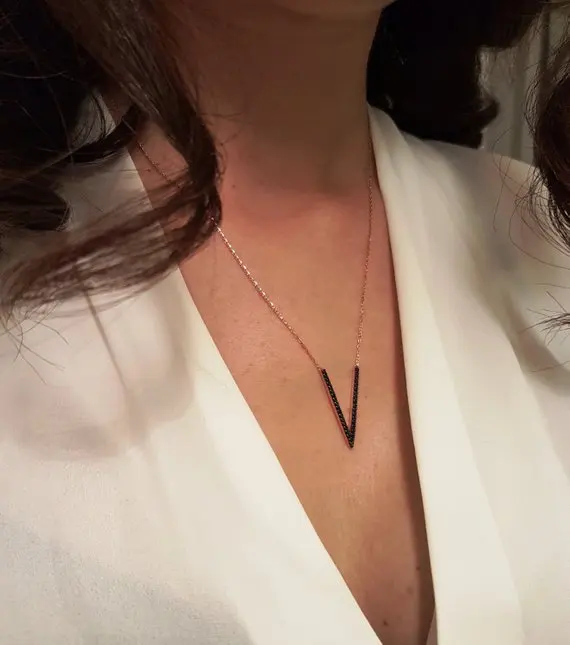 

925 sterling silver delicate micro pave black cz Crystal Letter V chain pendant necklace women lover valentines day gift jewelry
