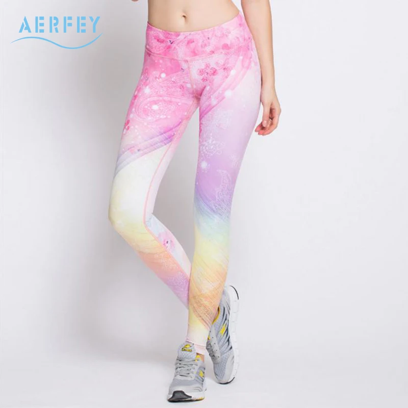 Aerfey Women New Style Bright Pink Printed Sports Yoga Pants Elastic