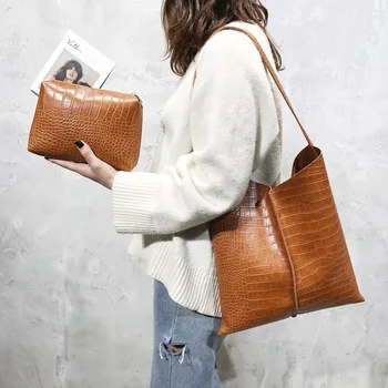 

TTOU 2pcs/set Crocodile Pattern Handbag High Capacity Soft Shoulder Bags Quality Leather Designer Messenger Bags Clutch bags