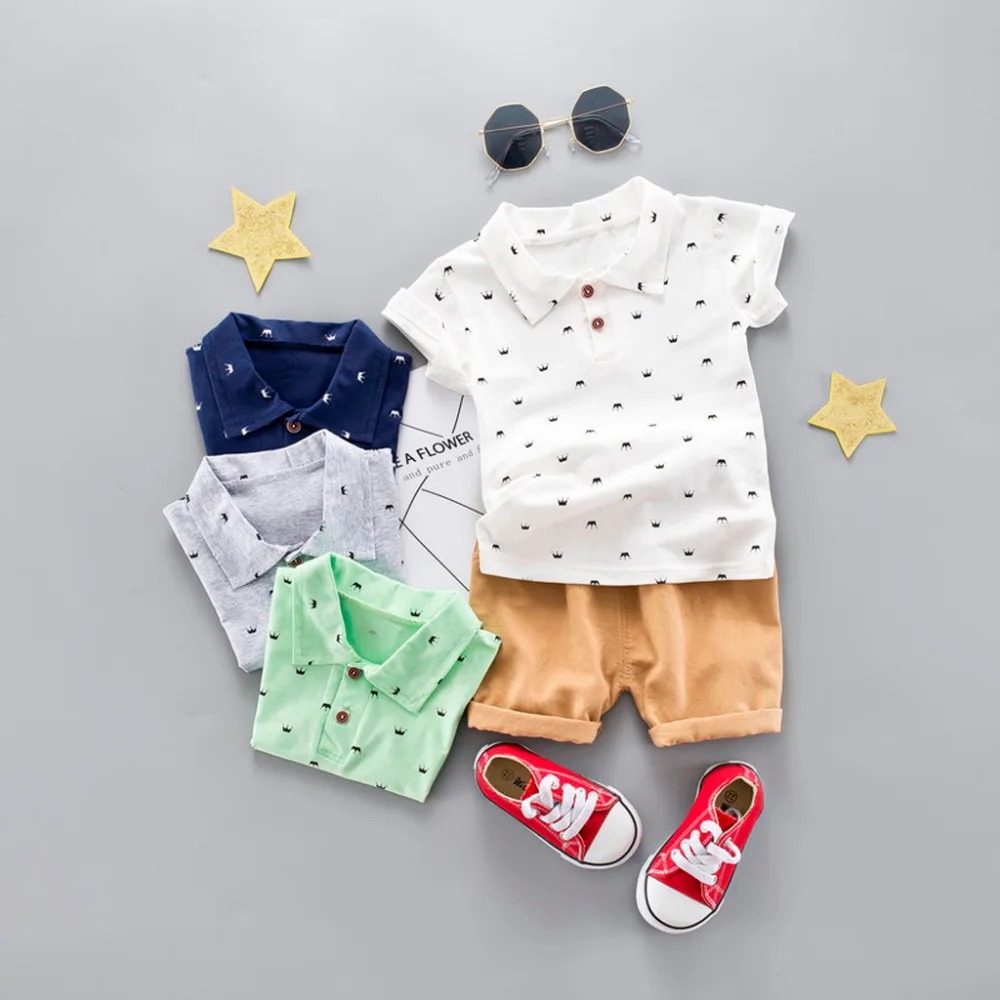 الطفل الاطفال ملابس الأولاد دعوى الكرتون طباعة قميص بولو قمم الصلبة قصيرة بانت عارضة تجهيزات الملابس مجموعة متعدد الألوان اختياري