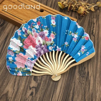 

Free shipping 5pcs Delicate Packaging 23cm Bamboo Cherry Blossom Fabric Chinese Japanese Folding Fans Hand Fan Party Favor