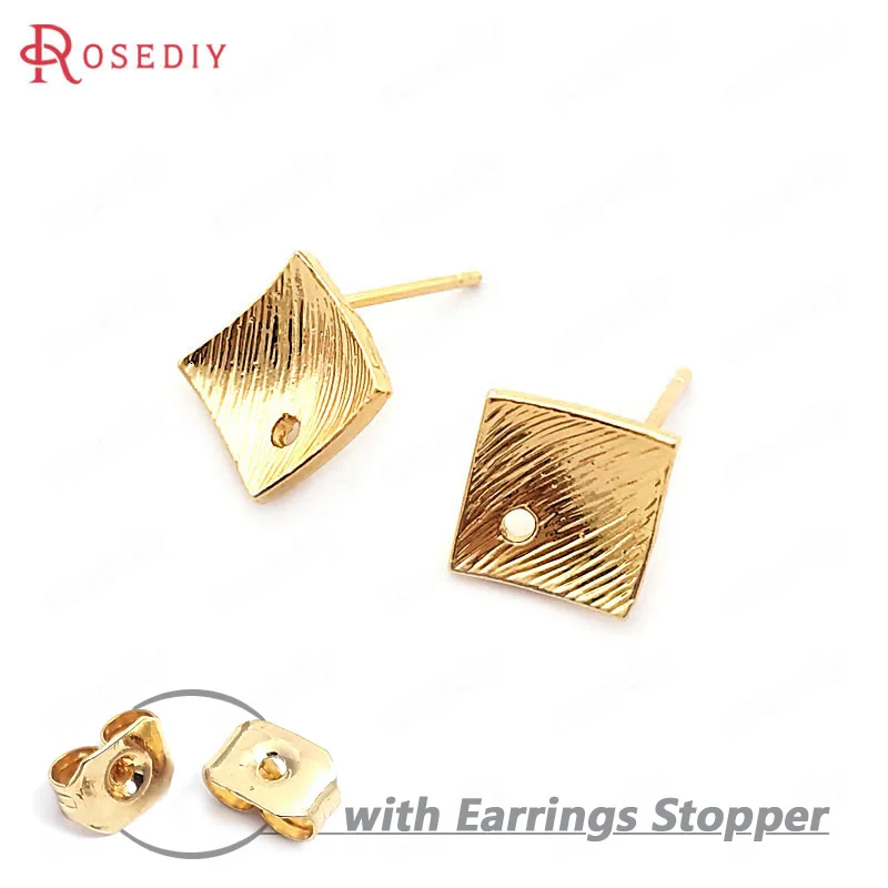

(33754)10PCS 8.5MM 24K Gold Color Brass Striped Rhombus Inward Arc Surface Stud Earrings Pins High Quality Jewelry Accessories