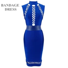2017 High quality hollow out women summer sexy blue rayon bodycon bandage dress elegant knee-length Dresses celebrities clubwear