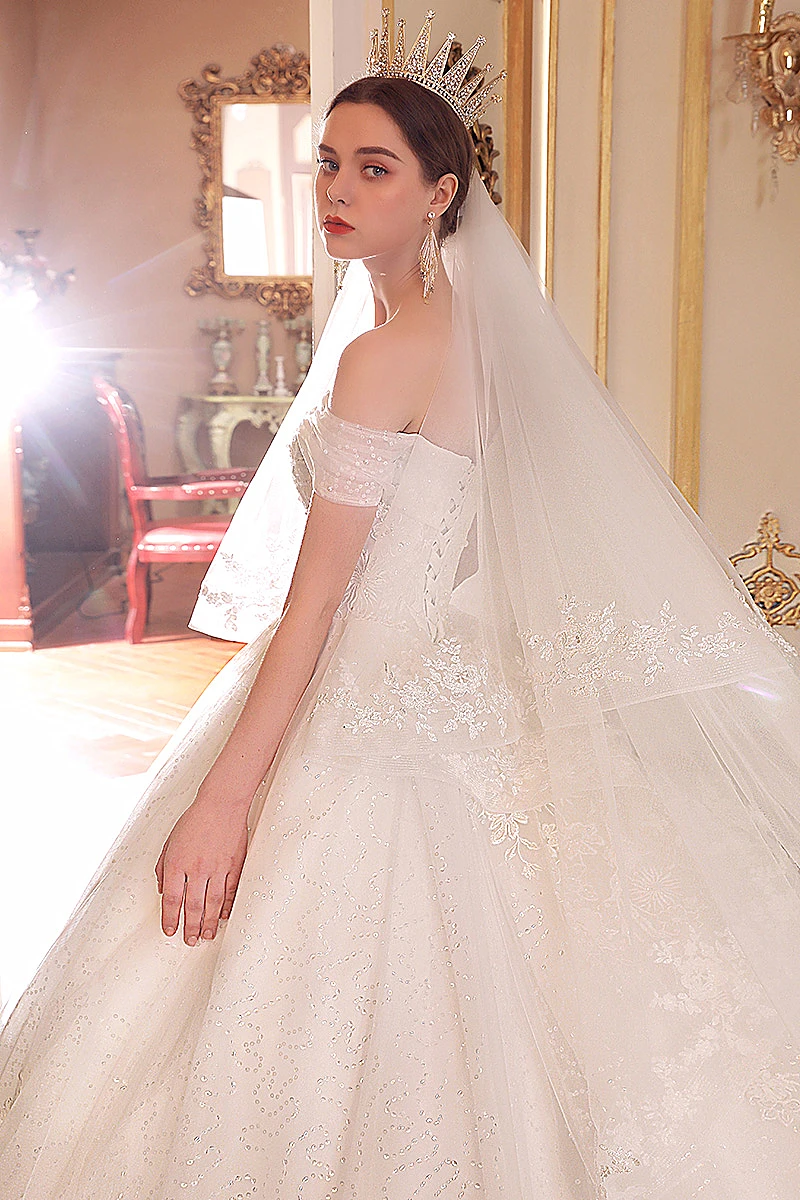 Роскошное Свадебное платье Robe De Mariee с длинным хвостом милое романтическое блестящее свадебное платье с империей
