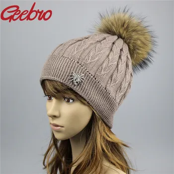 

Geebro Christmas A Winter's Women's Pompom Hats Warm Knitted Raccoon Fur Pom Pom Hat Gorro for Women Lady Skullies Beanie JS265A