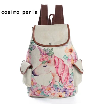 

Cute Unicorn Bagpack School Floral Cartoon Horse Printed Backpack Female Linen Drawstring Bag for Teenage Girls Travel Rucksack