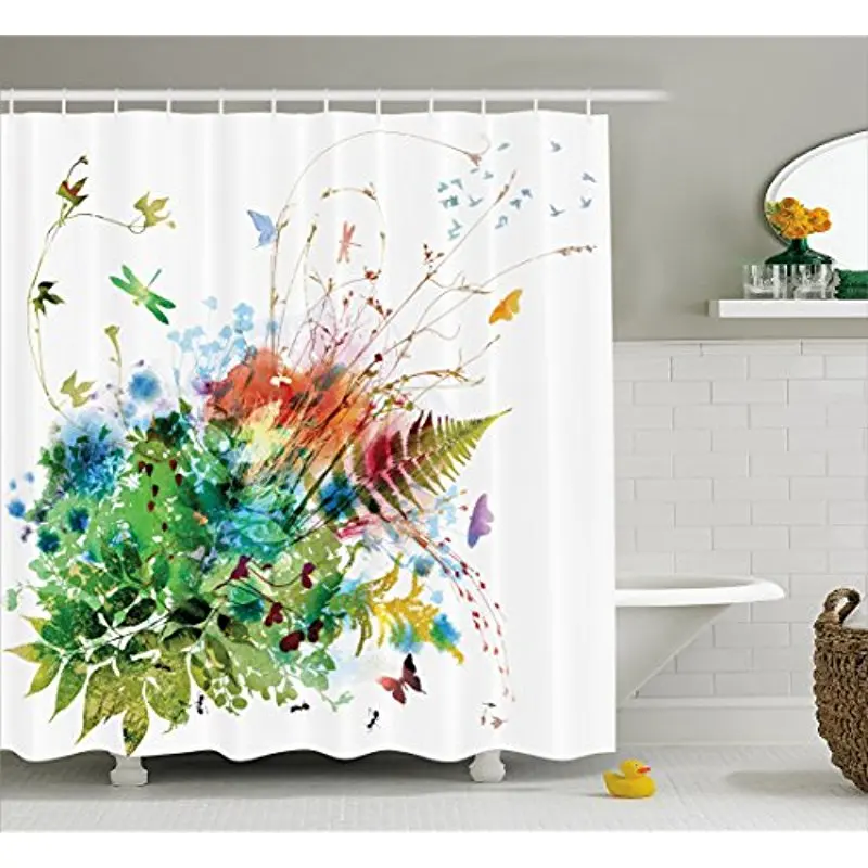 

Vixm Watercolor Shower Curtain Floral Jungle Foliage Summer Butterfly Dragonfly Herbs Fresh Leafage Fabric Bath Curtains