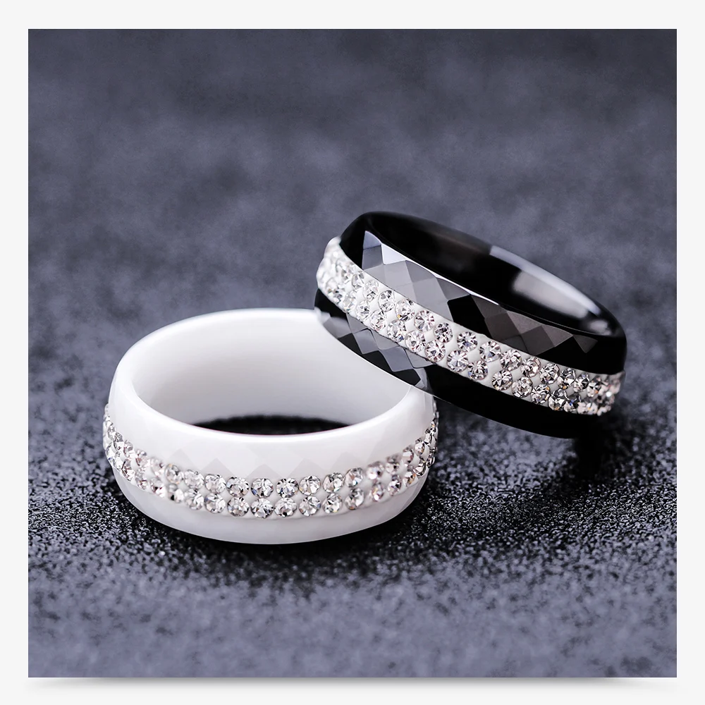 Романтическое прозрачное черное керамическое кольцо с прозрачными кристаллами, модные ювелирные изделия, роскошные 8 мм белые керамические кольца для женщин