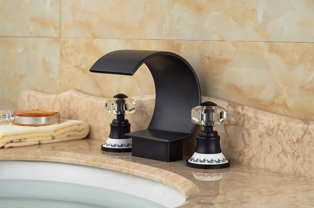 

Traditional Oil Rubbed Bronze Waterfall Spout Bathroom Basin/Sink Faucet Mixer Tap 2 Crystal Handle