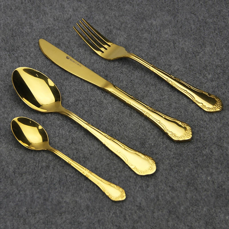 

4pcs gold plated cutlery set dinner knives fork set stainless steel dinnerware tableware silverware dinner set