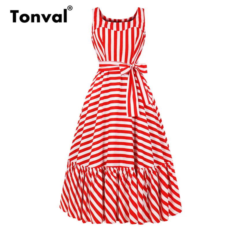

Tonval Casual Striped Red Long Dress Women Belted Sleeveless Robe Femme Summer Dress 2019 Mid-Calf Elegant Midi Dresses