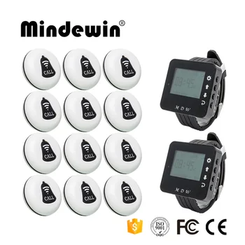 

Mindewin Wireless Calling System Restaurant Waiter Service Calling System 12PCS Call Button M-K-1 and 2PCS Watch Pager M-W-1