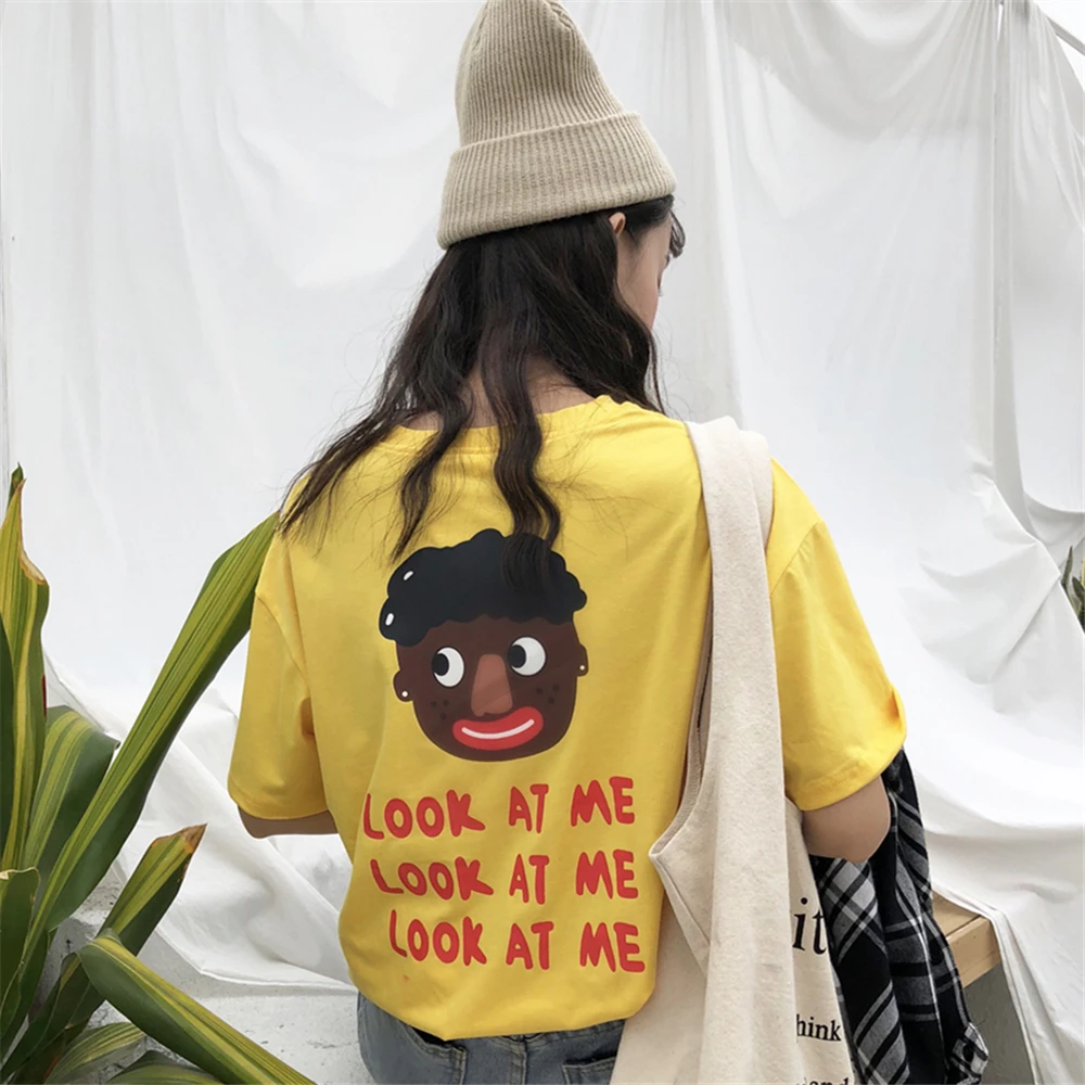 

2018 Summer Korean Funny Print Letter Cotton T Shirt Women Letters Look At Me Harajuku O Neck Short Sleeve Tops Tee Shirt Femme