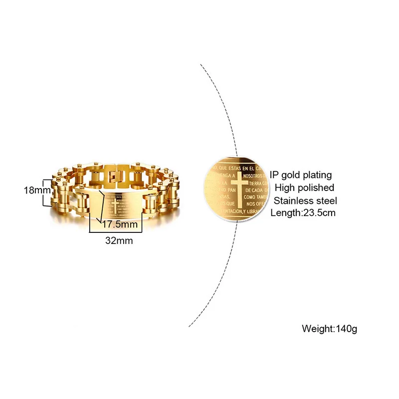 Comprar Vnox 17,5 MM de ancho pesado de la Biblia de los hombres Cruz bicicleta cadena pulsera de oro tono Acero inoxidable motocicleta bicicleta Braslet masculino joyería