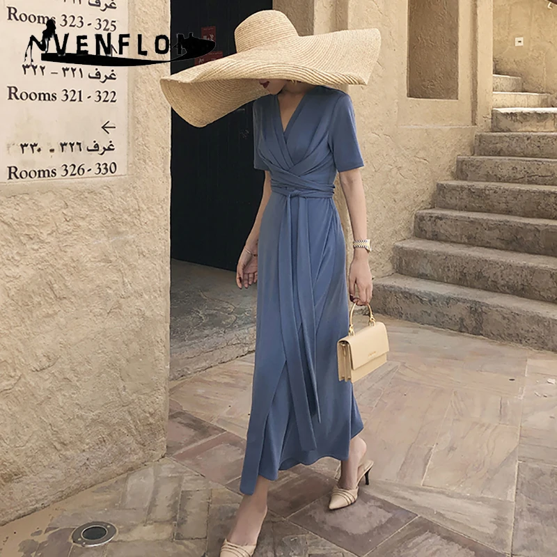 

VENFLON Women Dress Summer 2019 Vintage Sexy V-neck Short Sleeve Long Party Dress Female Solid Wrap Front A-line Dress With Belt