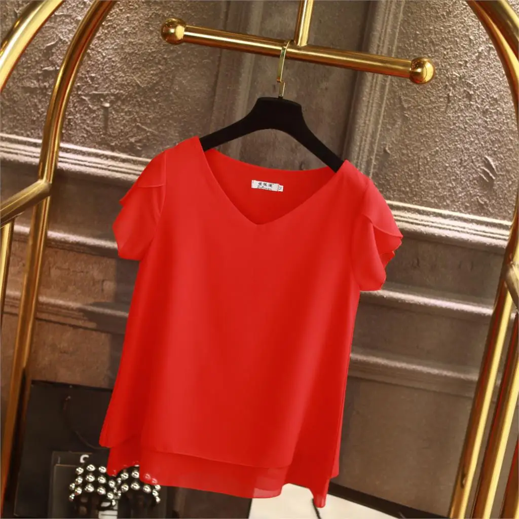 YUANYU Fashion Brand Women Chiffon Shirt 2019 Summer Short sleeve V-neck Blouse Casual 9 Solid color Loose obesity Lady Tops