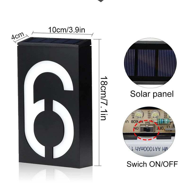 Solar Address Number Plate Sign Lamp Solar Powered House Number Doorplate Lamps 6 LED Lights Hotel Door Digital Solar Light 2