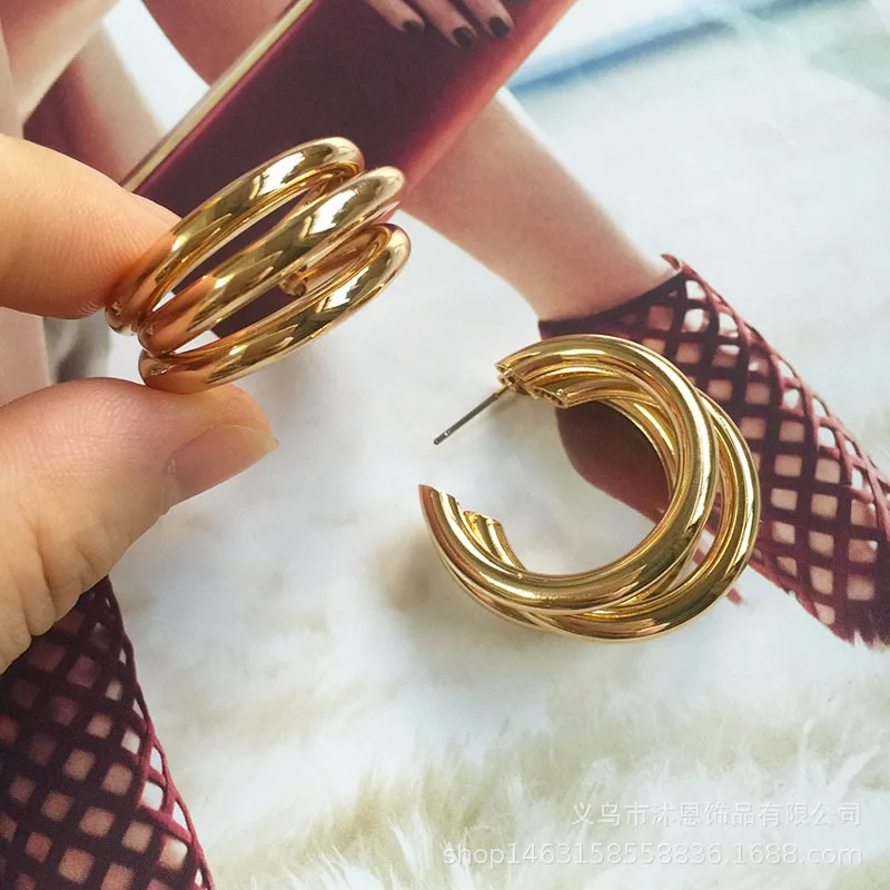 3 Layered Gold Silver Color Metal Earrings For Women Wedding Geometric Round Circle Statement Earing Fashion Jewelry Earrings