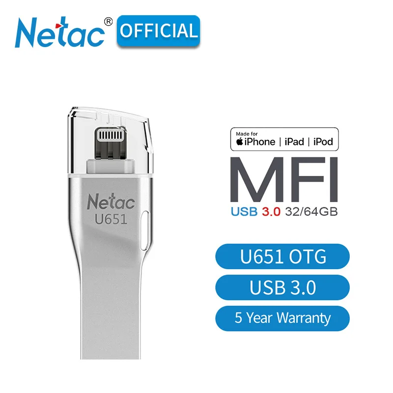 Netac U651 Lightning USB 3,0 OTG флеш-накопитель серебристый 32 Гб 64 Гб алюминиевый сплав USB3.0 флеш-диск металлический Флешка для iphone ipad PC - Цвет: U651 Flash Disk