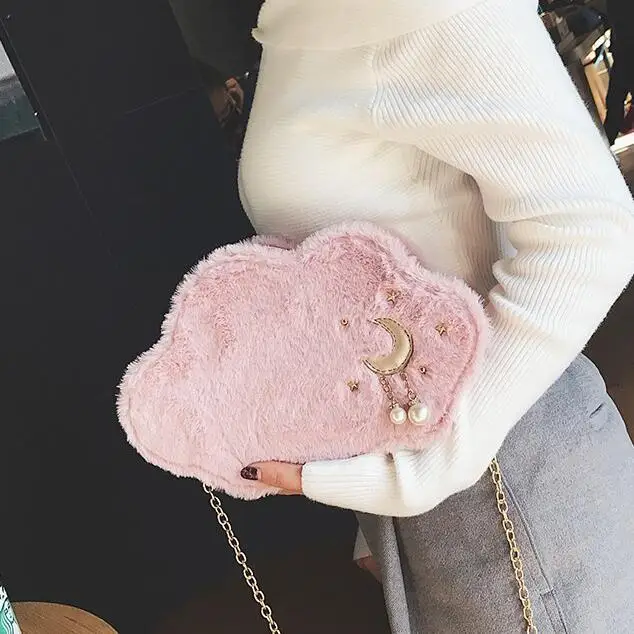 

2017 Autumn Fashion New Handbags High quality Plush Womne bag Sweet Lady Cute Fur bag Cloud shape Chain Shoulder Messenger bag