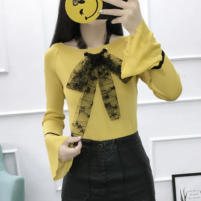 

Thin Sweater Women O-neck Lace Ribbon Halter Bow Lace Up Flare Sleeve Sweater Pullover Knitting Tops C92194