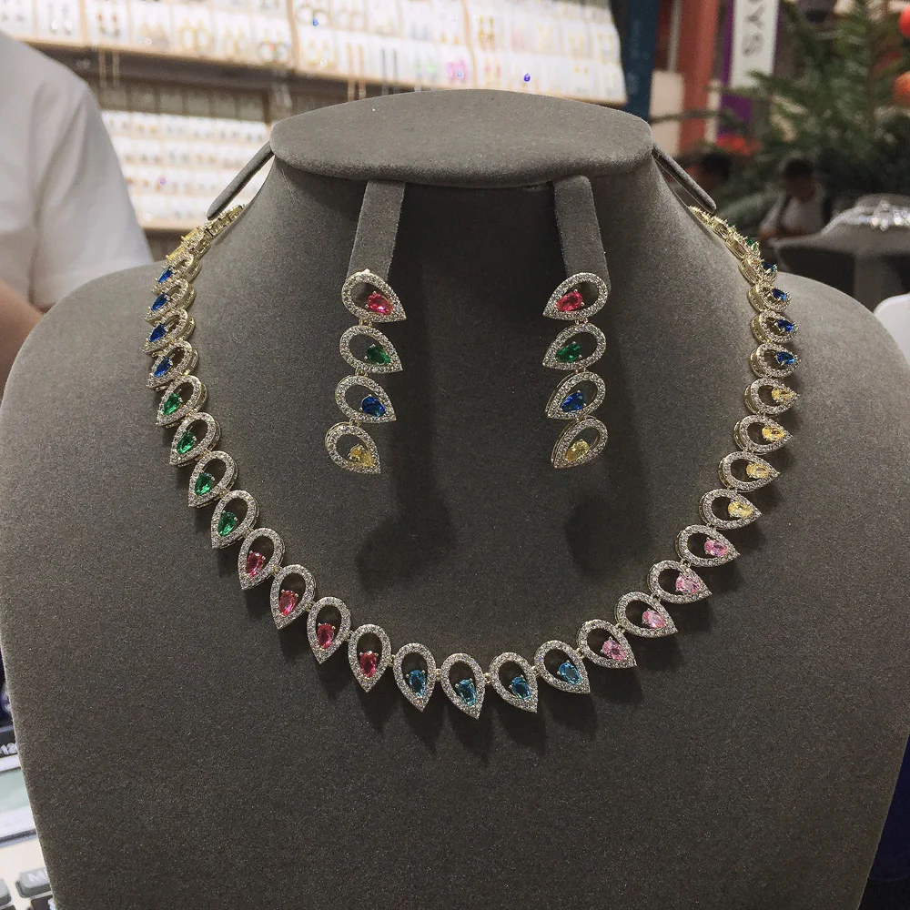 

HIBRIDE Luxurious shining Clear Multi Color AAA Cubic Zircon Jewelry Set Necklace Earring Set for Bridal Wedding Jewelry N-888
