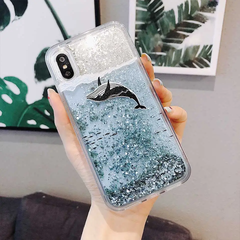 Жидкий зыбучий песок дельфины задние Чехлы для iPhone 6 7 8 Plus телефон чехол X XR XS MAX Capa