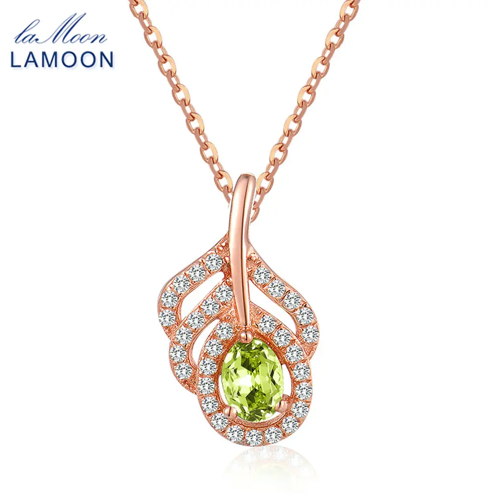 LAMOON Classic Leaf 100% Natural Oval Green Peridot Chain Necklace 925 Sterling Silver Jewelry LMNI058