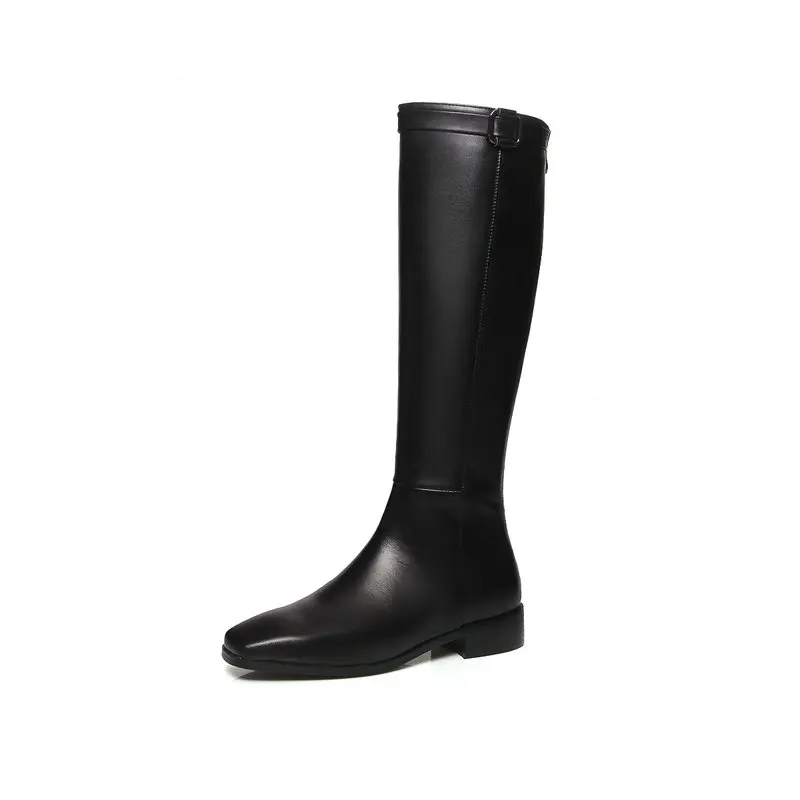 large size 34-43 low square heels genuine leather brand shoes women boots black square toe knee high boots