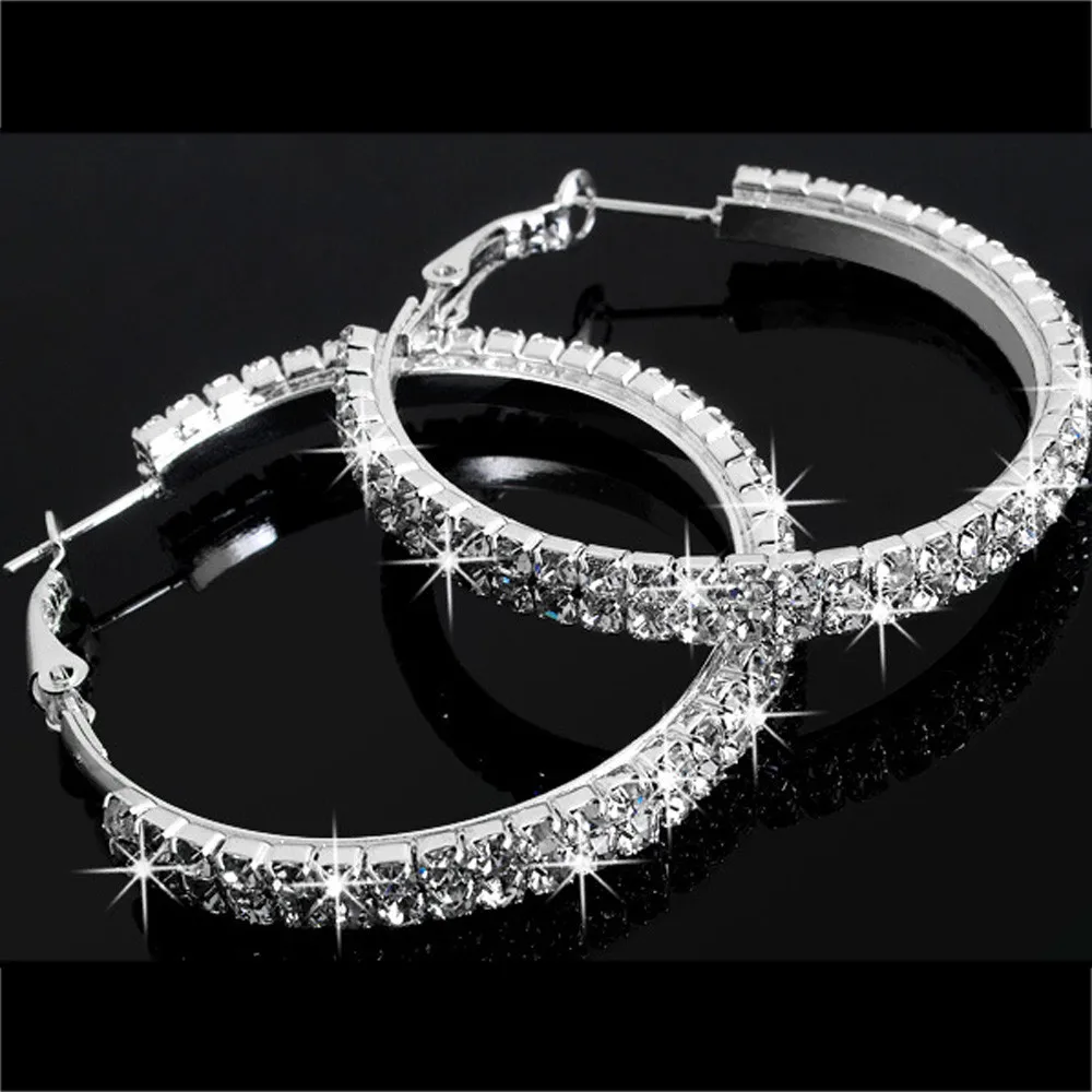 1 Pair Hoop Earring Double Row Rhinestone Luxury Crystal Rhinestone