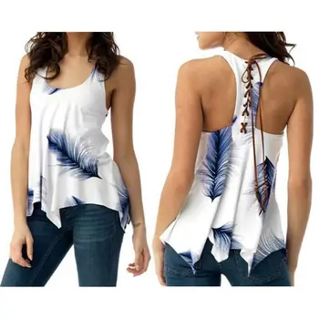 

Fashion Women Feather Print Vest Tank Top T-Shirt Summer Sleeveless Backless O Neck Feather Print Top Female