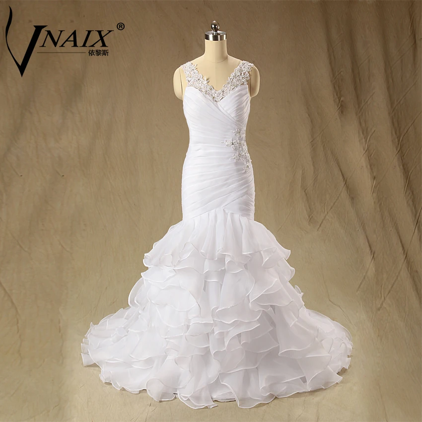 W1190 Mermaid Wedding Dresses V Neck with Pleat Lace Beading and