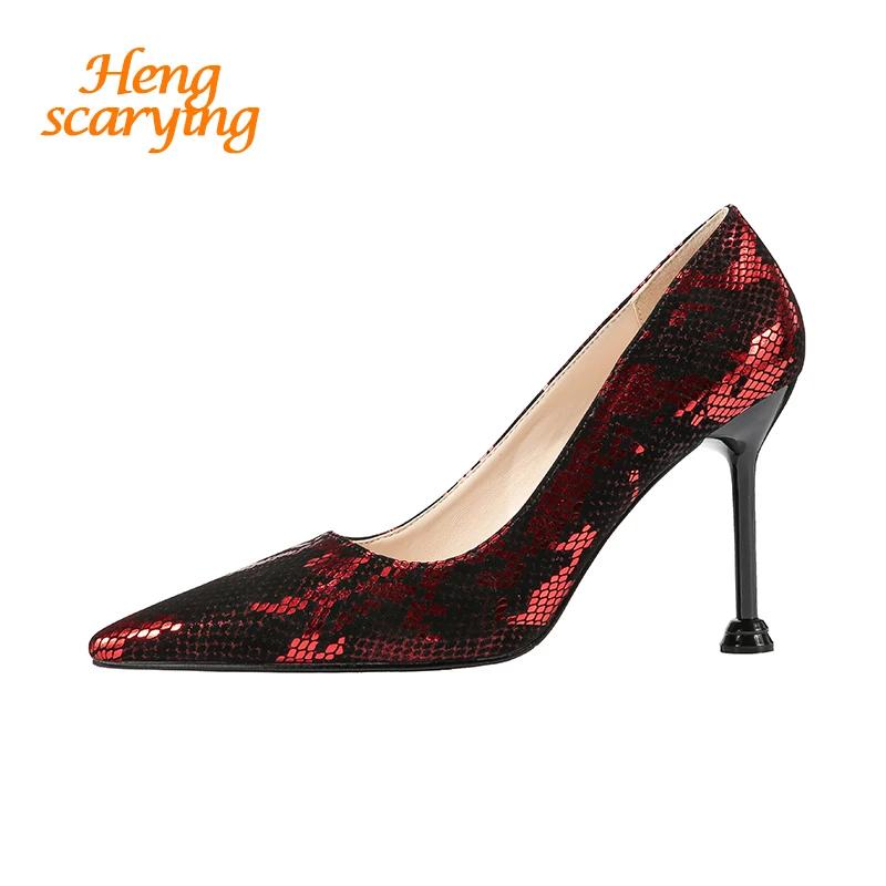 

2019 Woman 9.5cm High Heels Female Serpentine Party Glitter Snake Print Scarpins Sexy Luxury Pumps Wedding Elegant Red Shoes
