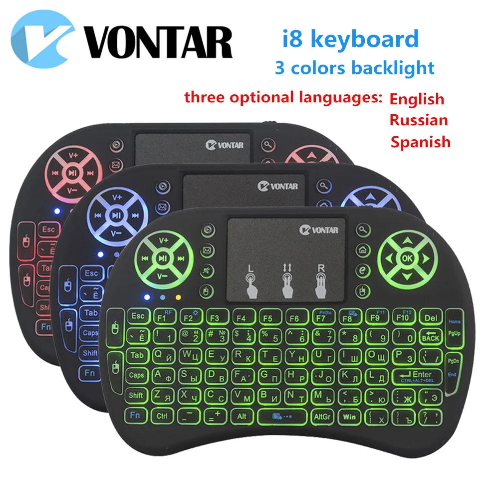 

VONTAR i8 keyboard backlit English Russian Spanish Air Mouse 2.4GHz Wireless Keyboard Touchpad Handheld for TV BOX Android X96